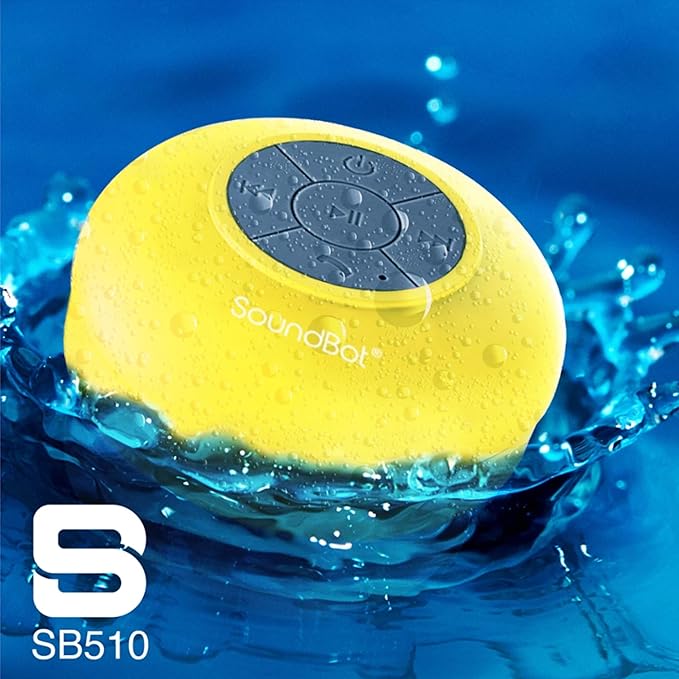 Soundbot SB510 HD Bluetooth, USB, Infrared Shower Speaker, Water Resistant Handsfree Portable Speakerphone with Built-in Mic, 6hrs of Playtime, Control Buttons and Dedicated Suction Cup Yellow