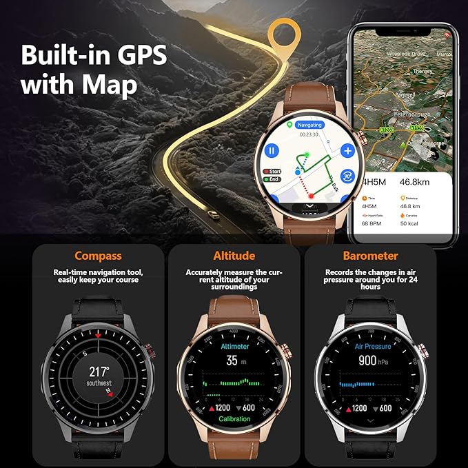 Smart Watch for Men Built-in GPS with Map, 1.46" AI Smartwatch with Health Monitor for Android Phones/iPhone, 100+ Sport Modes Fitness Tracker with Compass/Altitude/Barometer, Text Reply(2 Bands)