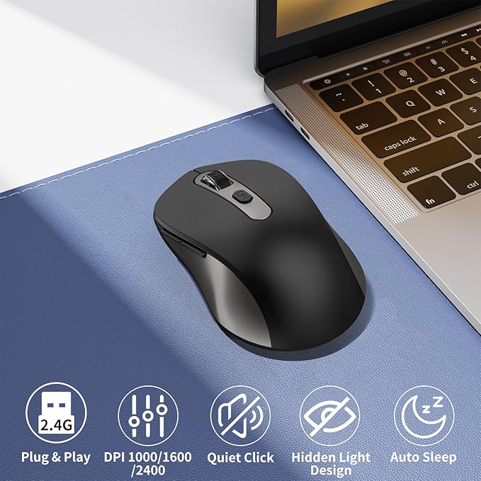 Wireless Mouse for Laptop, PC, Chromebook, Mac, MacBook, Silent Wireless Mouse with USB Nano Receiver, Side Button, 2400 DPI, Anti Slip Roller, 6 Button Ergonomics Cordless Computer Mice - Black Gray