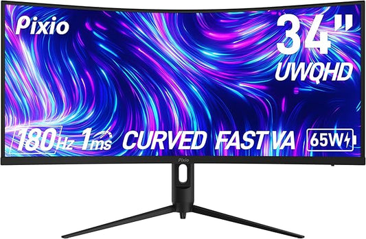 Pixio PXC348C Neo 34 inch 180Hz Refresh Rate UWQHD 1440p Ultrawide Resolution 1000R Curve Fast VA Panel 1ms Response Time USB-C Displayport 65W Charging AMD FreeSync Premium HDR Curved Gaming Monitor