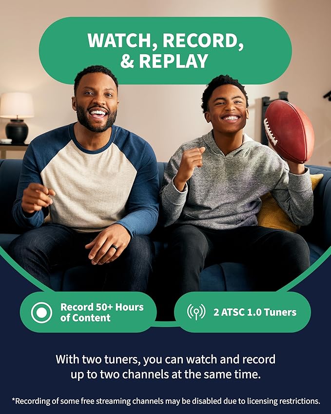 4th Gen 2-Tuner Over-The-Air (OTA) DVR - Watch, Pause & Record Live TV, News, Sports & Movies Throughout Your Home Over Wi-Fi - Pairs w/Any TV Antenna - 50+ Hrs Recording - No Subscriptions