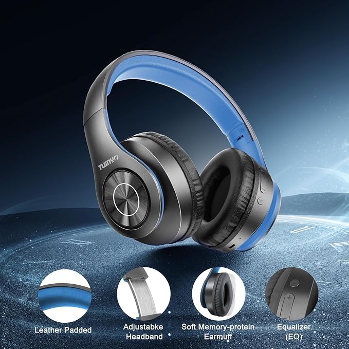 TUINYO Bluetooth Headphones Wireless, Over Ear Stereo Wireless Headset 40H Playtime with deep bass, Soft Memory-Protein Earmuffs, Built-in Mic Wired Mode PC/Cell Phones/TV-Black/Blue …