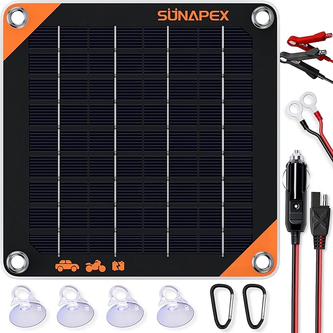 SUNAPEX 5W 12V Solar Panel Battery Charger Maintainer, Portable Waterproof Solar Trickle Charger with Built-in Charge Controller, Cig Plug, Alligator Clips, O-Rings for Car, Truck,Tractor, Boat, etc