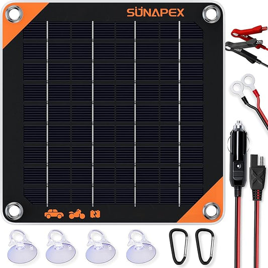 SUNAPEX 5W 12V Solar Panel Battery Charger Maintainer, Portable Waterproof Solar Trickle Charger with Built-in Charge Controller, Cig Plug, Alligator Clips, O-Rings for Car, Truck,Tractor, Boat, etc