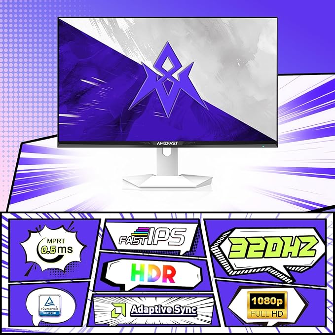 Amzfast 25 inch 320Hz/300Hz/240Hz White Gaming Monitor, FHD 1080P 0.5ms Fast IPS, TÜV Rheinland Eye Care| AI Crosshair, Adaptive Sync,Night Vision Function,Two Year Warranty Exchange(HDMI & DP Cable)