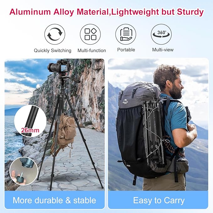 Professional Video Tripod, 68" Camera Tripod Monopod with Fluid Head, Aluminum Heavy Duty Tripod with Carry Bag, Compatible with Canon Nikon Sony and Camcorder, Extra QR Plate and Cellphone Holder