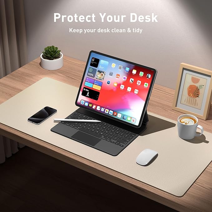 Aothia Leather Desk Pad Protector, Office Mat, Large Mouse Pad, Non-Slip PU Leather Blotter, Laptop Desk Pad, Waterproof Writing Pad for Office and Home (Beige, 31.5" x 15.7")
