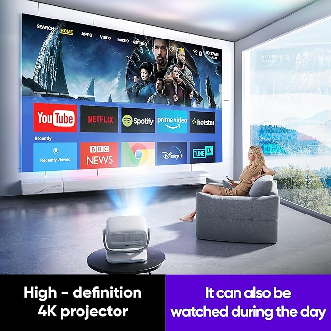 [Built-in Apps&Auto Focus] Portable Projector 1080P Smart Mini Projector Support 4K 180° Stand Auto Keystone with WiFi 6 Bluetooth Fabric Panel Movie Projector Compatible with TV Stick/Xbox/Laptop