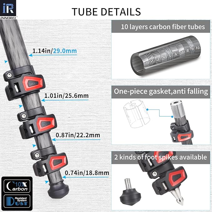 Carbon Fiber Horizontal Tripod INNOREL YT284C with Rotatable Multi-Angle Center Column,29mm Tube Professional Travel Camera Tripod Monopod for Digital DSLR Video Camcorder Overhead Shooting Load 20kg