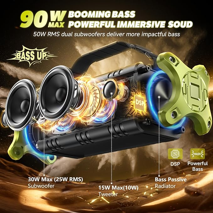 Bluetooth Speaker, 90W Max Loud Portable Speakers Wireless with Subwoofer *2, 50W Deep Bass Boombox/ IPX6 Waterproof/40H/EQ/Dual Pairing/TF/AUX, Large Outdoor Rugged Speaker for Party/Beach/Jobside