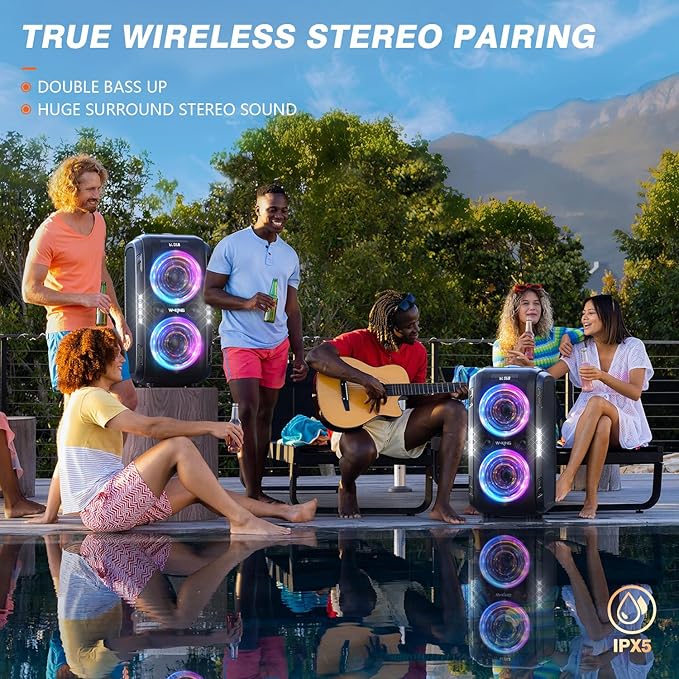 W-KING 270W PEAK Party Large Bluetooth Speaker Loudest Boom Box/12 Custom Bass/Massive 125dB 6.5''x2 Subwoofer Deepest Bass, Big Portable Speaker Wireless, IPX5/MIC&GTR in/USB/TF/AUX,Removable Battery