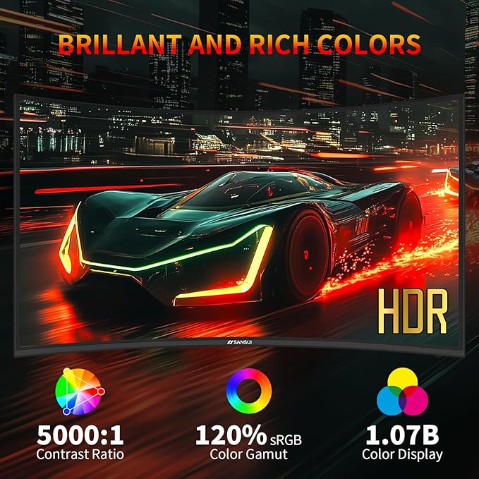 SANSUI 27 Inch WQHD 2560X1440 Curved Gaming Monitor, 180Hz MPRT 1ms Computer Monitor,HDMI2.0 * 2, DP1.2 * 2, Freesync, Curved 1500R, 5000:1 Contrast Ratio, 120% sRGB,HDR(ES-G27C1Q DP Cable Included)