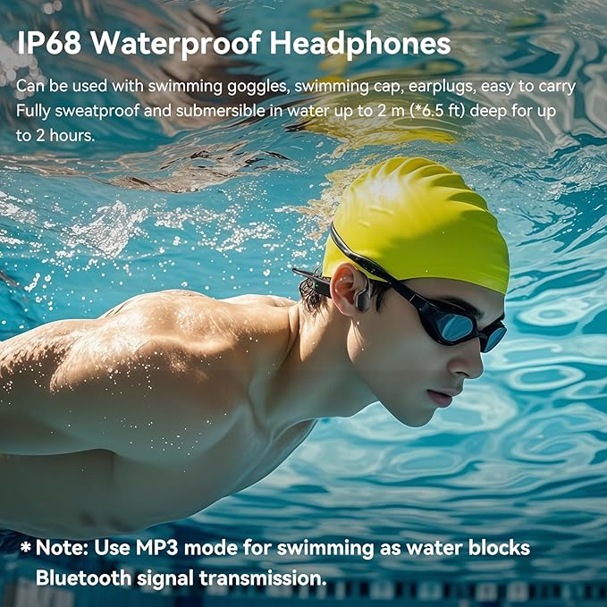 Swimming Headphones IP68 Waterproof, Open Ear Bone Conduction Headphones Bluetooth 5.4 with 32GB MP3 Player, Secure Comfort Underwater Swim Earbuds for Jogging Cycling Fitness-SurfAudio(Black)