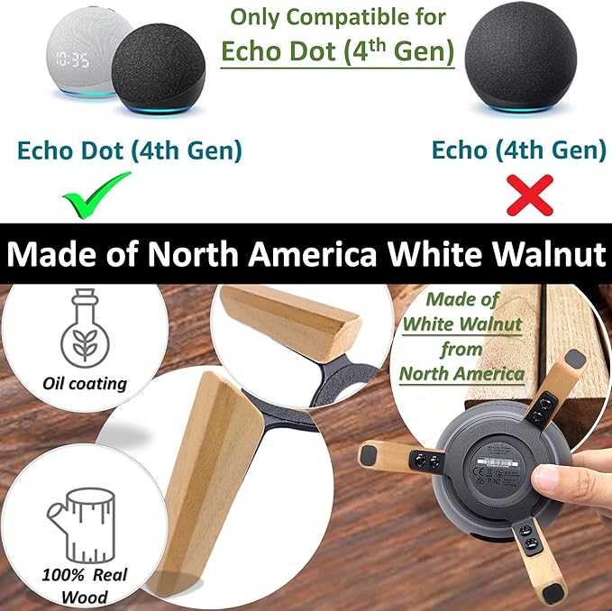 Real Wood Stand for Echo Dots(4th Gen),(5th gen) Speaker,Wooden Mount Accessories Anti-Slip Holder Tripod for Echo Dot (2024 Model),(White Oak)