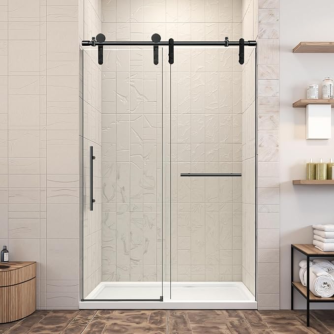 44-48" W x 76" H Frameless Shower Door Bathroom Sliding Shower Door 5/16"(8mm) Thick Tempered Glass Shower Door with Double Stainless Steel Handles for Walk-in Shower, Matte Black