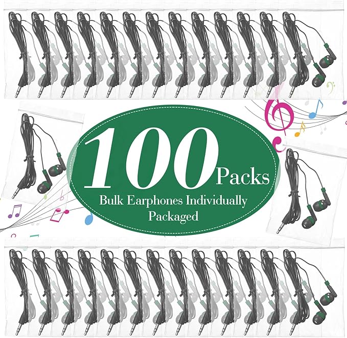 Kanayu 100 Pack Wired Earbuds Bulk for Classroom Ear Headphones Wired Basic Student Earbuds No Microphone with 3.5mm Jack for Kids Class Laptop School Library, Individually Bagged(Green)