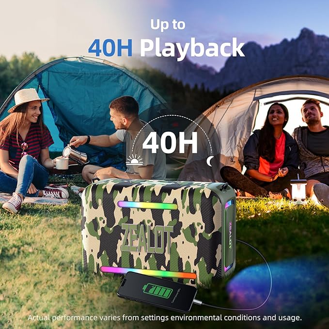 ZEALOT 120W Bluetooth Speaker, Loud Wireless Speakers IPX6 Waterproof Subwoofer Speaker with LED Light, 40H Playtime, Custom EQ, Portable Wireless Stereo Paired Speakers for Outdoor, Party-Camo