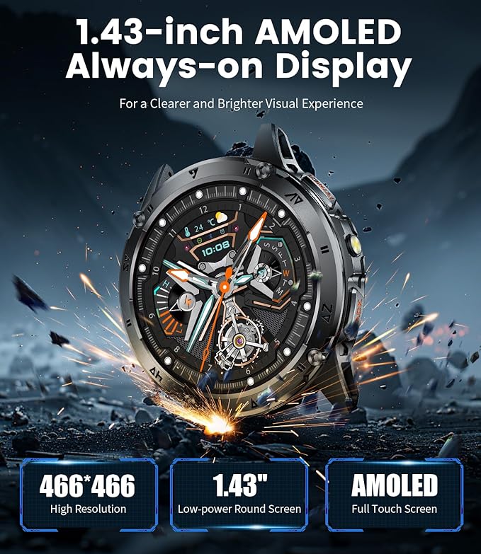 LIGE Military Smart Watch for Men iPhone Android 1.43" HD Amoled Rugged 110+ Sport Modes IP68 Waterproof Answer/Make Call Fitness Running Heart Rate Blood Pressure Health Mens Smartwatch