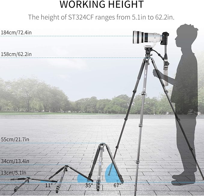 INNOREL ST324CT/ST324CF Carbon Fiber Tripod Max Height 160cm Max Load 30kg Max Tube Dia 32mm Professional Birdwatching Heavy Duty Camera Stand (Fast Flip Lock)