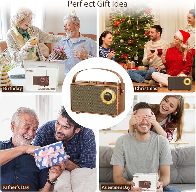 FREEFISH Portable Retro Speaker Bluetooth Radio Vintage Decor with FM Radio Rich Bass Bluetooth Speakers 5.3 Wireless Connection,TF Card, AUX for Home Office Bedroom