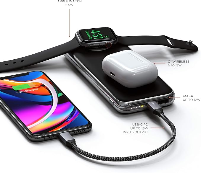 Satechi Quatro Wireless Power Bank 10,000 mAh Portable Charger. Compatible with iPhone 16 Pro Max/16 Pro/16/16 Plus, Apple Watch Ultra & Series 8/7/6/SE/5/4/3/2/1, AirPods Pro 2/1
