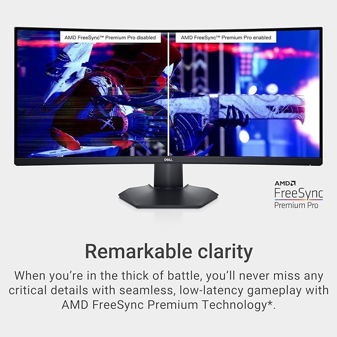 Dell S3422DWG Curved Gaming Monitor - 34 Inch 1800R Curved Screen with 144Hz Refresh Rate, WQHD (3440 x 1440) Display, HDMI, DP to DP 1.4 Cable, AMD FreeSync - Black