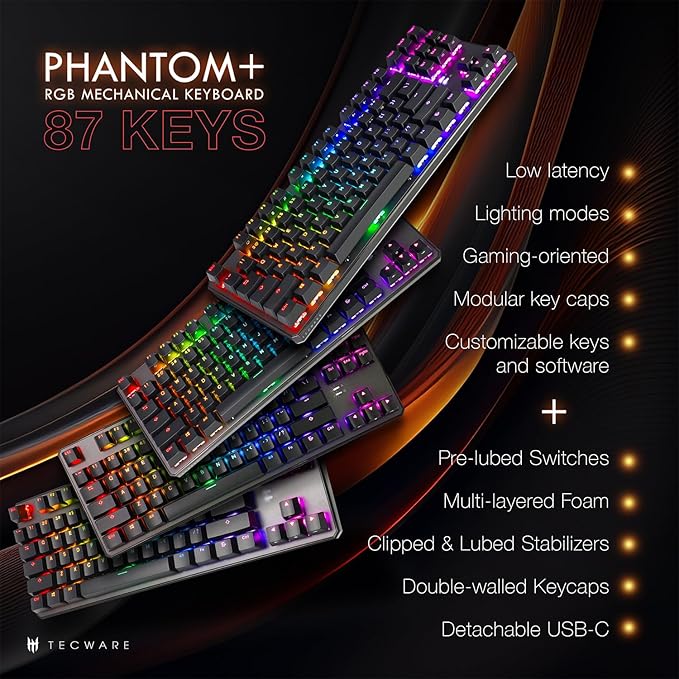 TECWARE Phantom+ 87 Key Mechanical Gaming Keyboard, RGB led, TKL 75% Keyboard, Thocky Sounding, Wraith Orange Switch