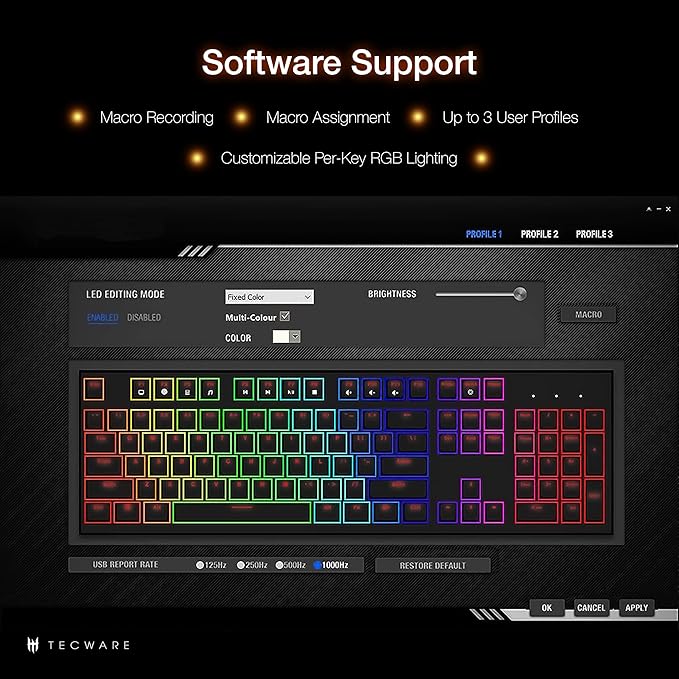 TECWARE Phantom 87 Key Mechanical Keyboard, RGB led, Typewriter Sound, Outemu Blue Switch