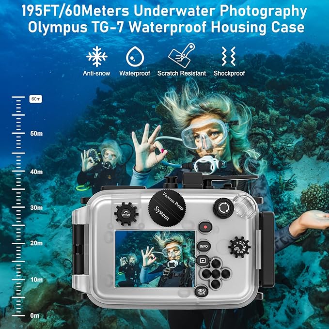 Seafrogs 60m/195ft Underwater Camera Housing for Olympus TG-7 – Waterproof Case with 52mm & 67mm Thread, Dual Fiber Optic Ports, Leak Detection, Stainless Steel Mounting Plate (TG-7-black)