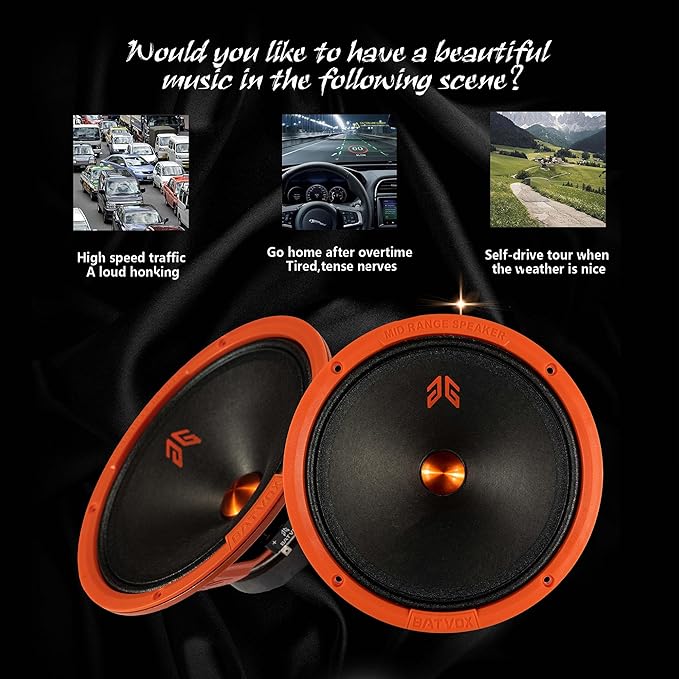 MX80P1 Midrange Loudspeaker 8" Orange Dust Cap, 480W Max, 4 Ohms, Premium Quality Audio Door Speakers for Car or Truck Stereo Sound System, Orange (2 Speaker)