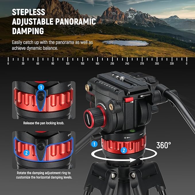 NEEWER 74" Video Tripod with Adjustable Damping Fluid Head, Metal Heavy Duty Dual-Mode QR Plate Compatible with DJI RS Gimbals, Flexible 360° Pan&+90°/-75° Tilt, Max Load 22lb/10kg, TP75