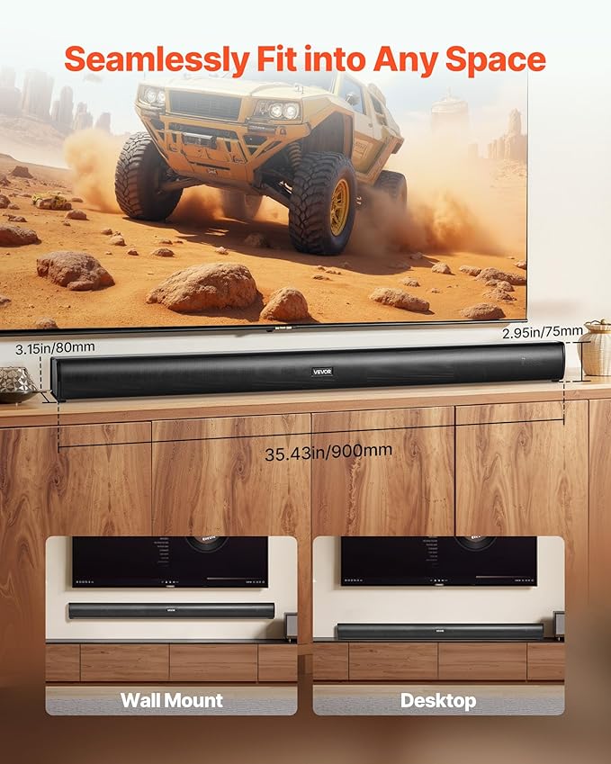 VEVOR Sound Bar for Smart TV, 2.1 Channel, 35-Inch Compact Soundbar TV Speakers with Built-in Subwoofer for Projector, Bluetooth AUX Connection, Easy Setup, 120W Surround Sound System for Home Audio