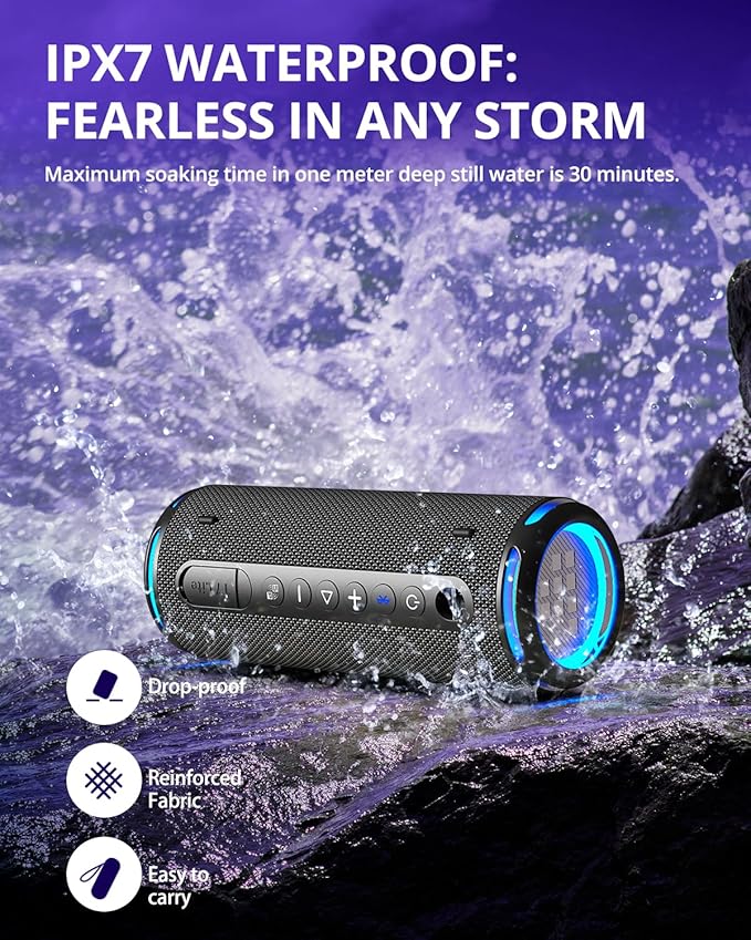 Tronsmart T7 Lite 24W Portable Bluetooth Speaker, Enhanced Bass, Rainbow Light Show, 24H Playtime, IPX7 Waterproof, Wireless Stereo Pairing, Bluetooth 5.3, for Home Outdoor Travel (Black)
