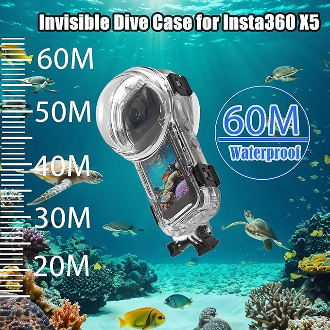 60M/197FT Invisible Dive Case for Insta 360 X5, Accessories for Insta 360 X5 ONE X5 Waterproof Case,Protective Underwater Dive Housing Shell with Bracket Accessories[Only Fit for X5]