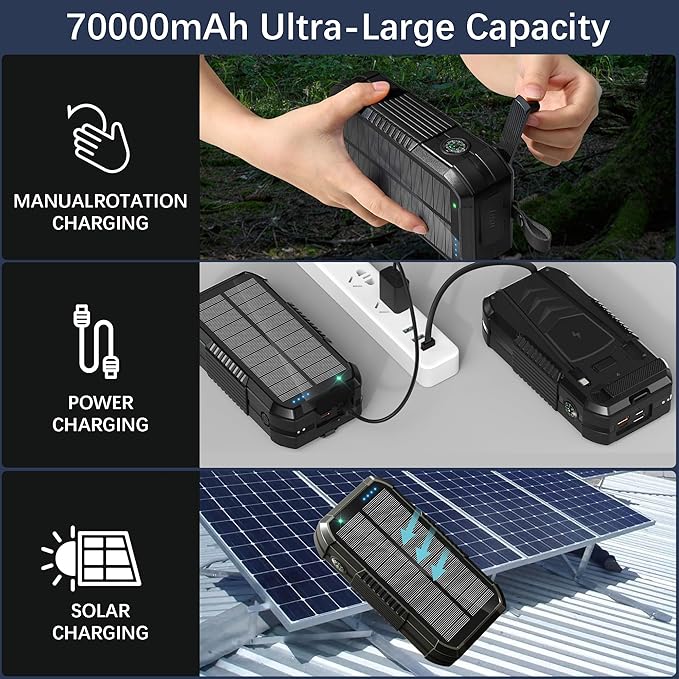 Solar Charger Wireless Power Bank 70000mAh Built in 2 Cables and Hand Crank, Portable Charger 22.5W Fast Charger 6 Outputs & 4 Inputs External Battery Pack with Bright Flashlight and Compass