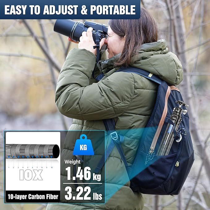 Carbon Fiber Tripod for Camera with 360° Panoramic Ball Head, 67" Compact Lightweight Travel Tripod for DSLR Video Camcorder, Max Load 10kg/22lbs