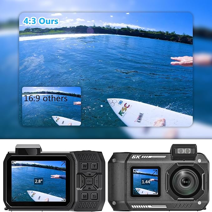 4K Waterproof Digital Camera Snorkeling: 65MP 33FT Compact Rugged Underwater Camera Dual-Screen with 18X Zoom 64GB Card & 2500 mAh Battery for Outdoor Scuba Diving Swimming Black