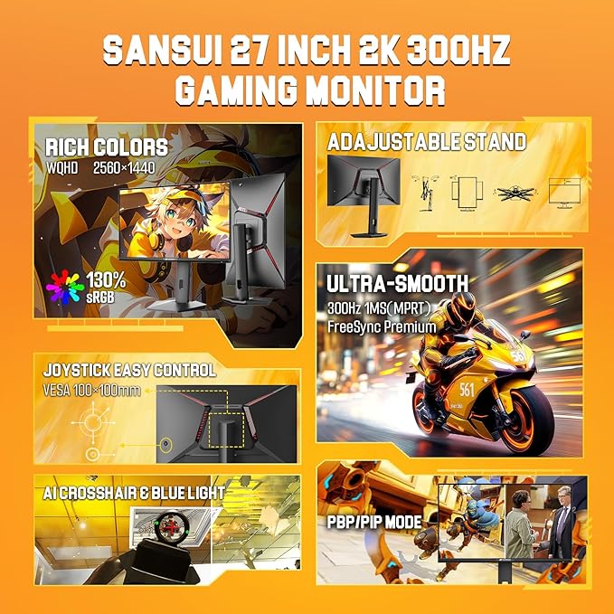 SANSUI 27 inch 1440p 300Hz 240Hz Gaming Monitor, WQHD Fast IPS 1ms Computer Monitor, FreeSync Premium | Brightness 400Nits | 130% sRGB | 10Bits | HDR | ErgoStand | VESA Mount | 2×DP 1.4 & 2×HDMI 2.1