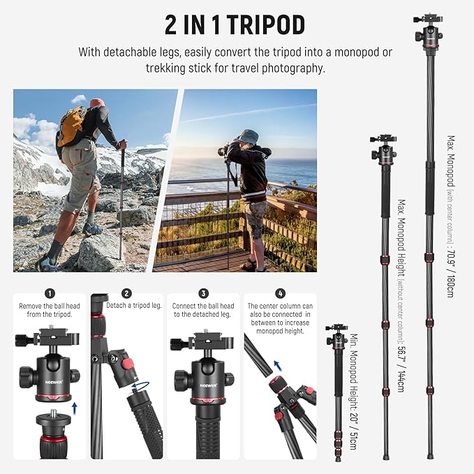 NEEWER 66"/168cm Carbon Fiber Tripod for Camera with 360° Panorama Ball Head, 1/4" Arca QR Plate, Portable Bag, Compact Travel Tripod Monopod for DSLR Video Camcorder, Max Load 26.5lb/12kg, N55C