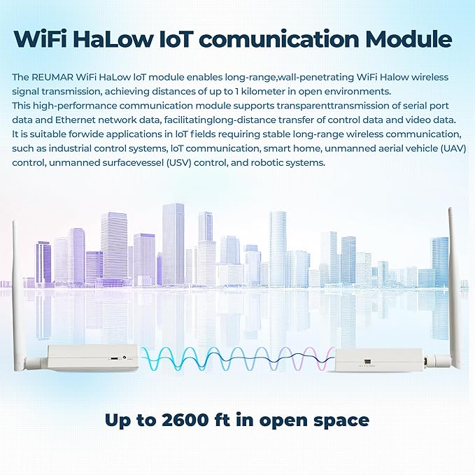 WiFi HaLow IoT Module, WiFi Halo Bridge with 802.11ah, Long-Range Point-to-Point Transmission, Supports Ethernet & Serial Communication, Ideal for Drones, Robotics, Industrial Control & IoT Smart Home