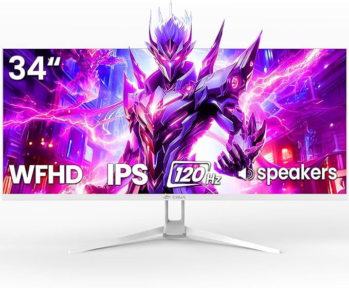 CRUA 34'' Ultrawide Gaming Monitor 120HZ, 21:9 WFHD 2560X1080 IPS Panel Computer Monitors with Built-in Speakers, Support AMD FreeSync, 120% sRGB, DP1.4 & HDMI1.4, Wall Mountable Installs-White
