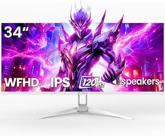 CRUA 34'' Ultrawide Gaming Monitor 120HZ, 21:9 WFHD 2560X1080 IPS Panel Computer Monitors with Built-in Speakers, Support AMD FreeSync, 120% sRGB, DP1.4 & HDMI1.4, Wall Mountable Installs-White