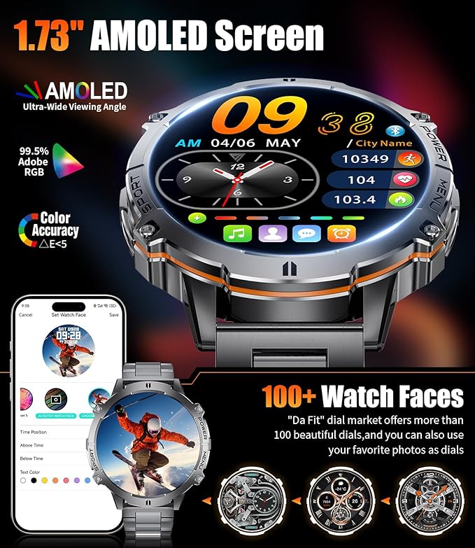 LIGE Smart Watches for Men with Compass/Barometer, 1,73'' HD AMOLED Large Display 3ATM Military Smartwatch with 900mAh Battery, 130+ Sports Modes, 24/7 Heart Rate/Sleep Monitor for Android iOS, Black