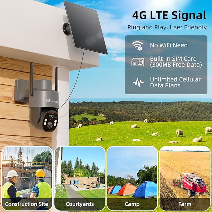 Techage 4G LTE Cellular Solar Security Camera Wireless Outdoor, 2.5K NO WiFi Security Camera with Color Night Vision, 360° PTZ Live View, PIR Motion Detection, Built-in SIM Card, 2 Way Talk