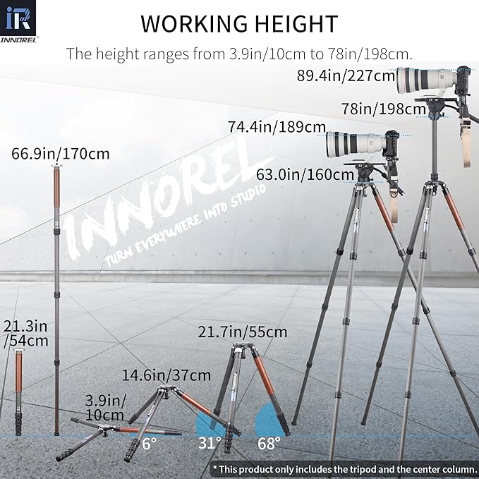 Carbon Fiber Tripod-INNOREL ST344C Professional Heavy Duty Camera Stand Monopod with 75mm Bowl Adapter Tube Leg 34.4mm,Max Load 30kg for DSLR Travel Shooting with ER31C Center Column add Camera Strap
