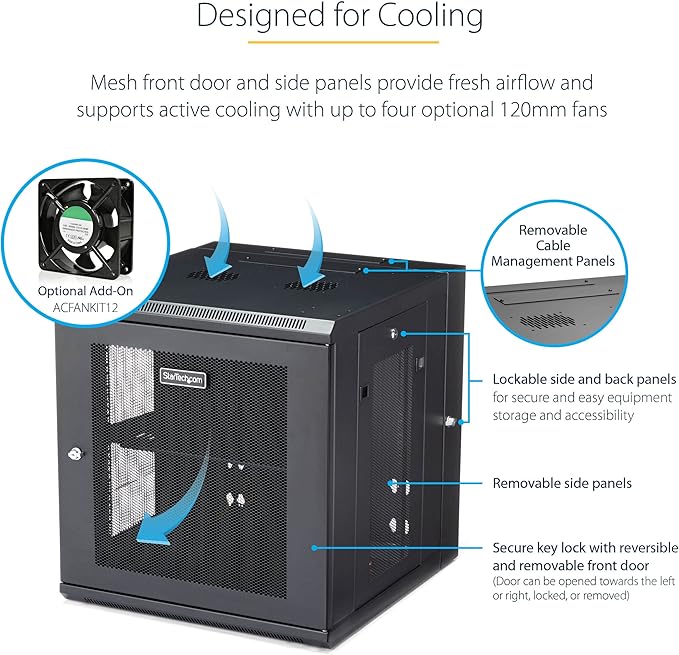 StarTech.com 4-Post 12U Wall Mount Network Cabinet with 1U Shelf, 19in Wall-Mounted Server Rack Kit, Up to 20in Mounting Depth, Ships Fully Assembled