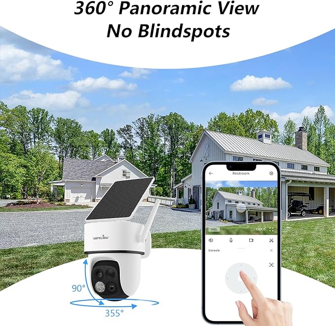 wansview Solar Camera Outdoor Wireless-2K 360°PTZ Cameras for Home Security with Dual Lens, Solar Panel/Battery Powered, PIR Detection, Color Night Vision, 2.4Ghz Wi-Fi Only, Works with Alexa, B7 1P W