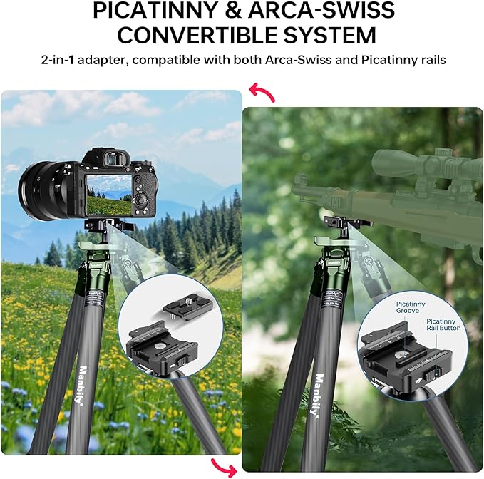 Manbily Shooting Tripod, Carbon Fiber Hunting Tripod with 36mm Legs and 45mm Ball Head, Picatinny to Arca Swiss Adapters, Max Load 44lbs (QM-364PA-Green)