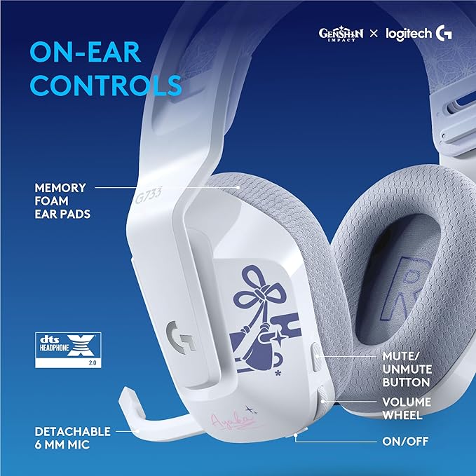 Logitech G733 Lightspeed RGB Wireless Gaming Headset with Suspension Headband, Kamisato Ayaka Special Edition, LIGHTSYNC RGB, Blue Voce mic Technology and PRO-G Audio Drivers