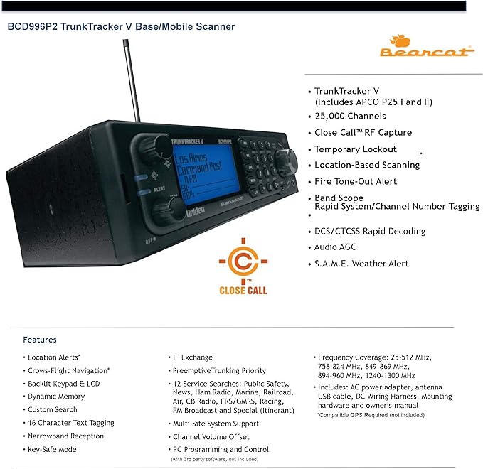 Uniden BCD996P2 Digital Mobile TrunkTracker V Scanner, 25,000 Dynamically Allocated Channels, Close Call RF Capture Technology, 4-Line Alpha display, Base/Mobile Design, Phase 2